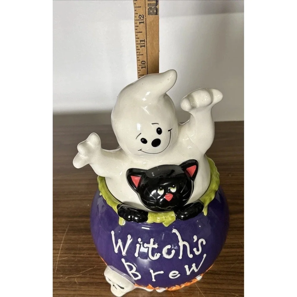 David's Cookies Halloween Witch's Brew Cauldron Cookie Jar Ghost Black Cat Skull